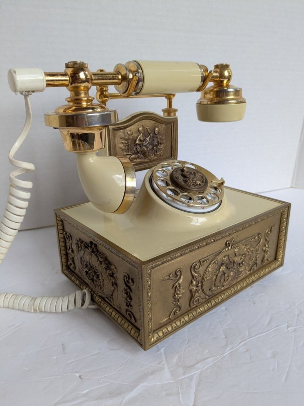 Vintage Deco-Tel French Victorian Rotary Phone Ivory Gold Western Electric WORKS